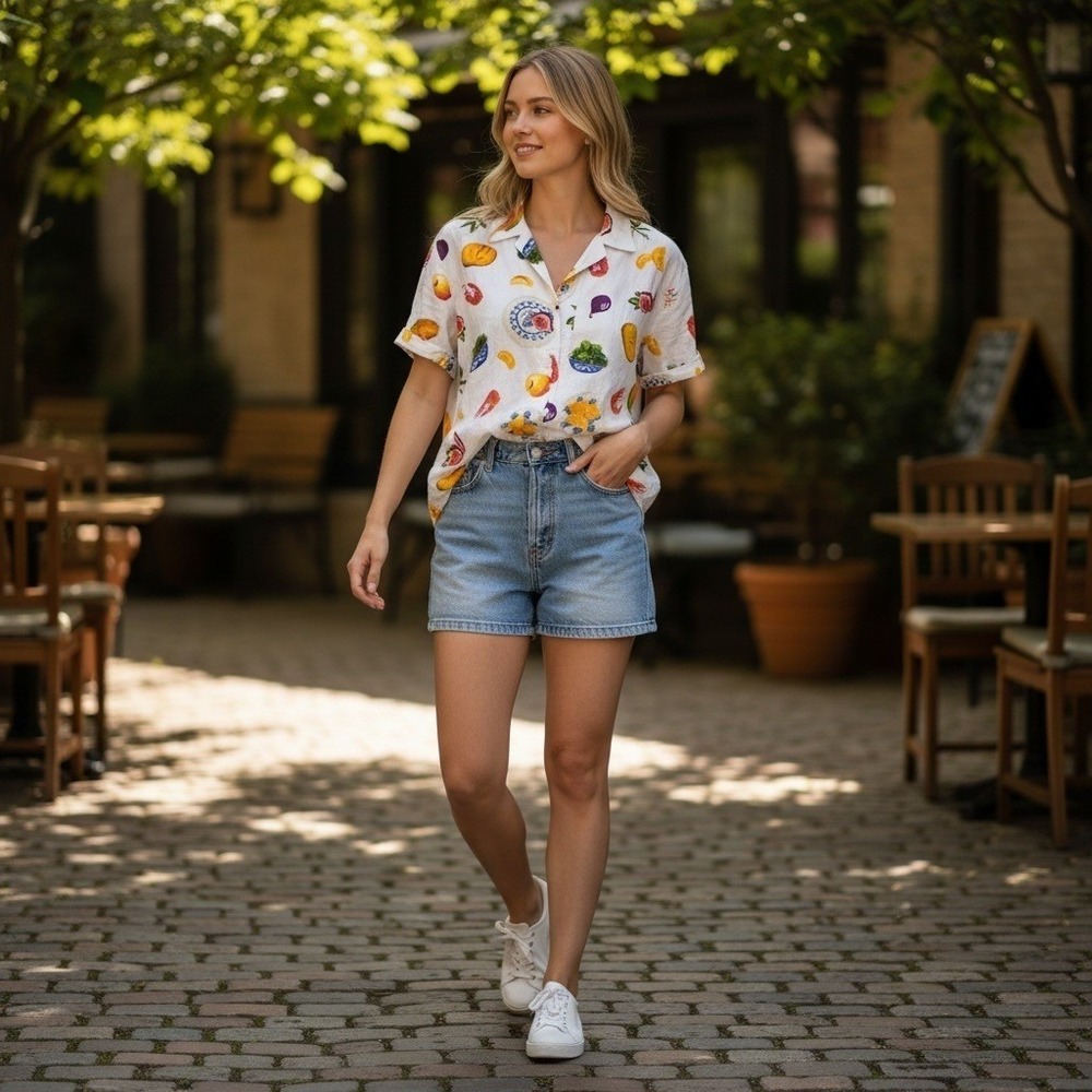 J.Crew Button Down Shirt XS White Linen Fruit Shrimp Eclectic Mediterranean